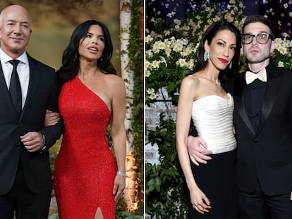 Laura Sánchez y Jeff Bezos y, a la derecha, Alex Soros y Huma Abedin.