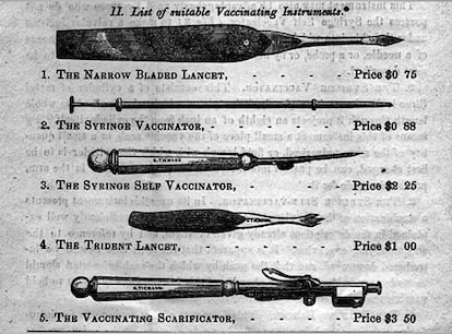 Instrumentos de vacinação do fim do século 19.