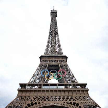 22 July 2024, France, Paris: Before the Summer Olympics, Olympia Paris 2024, view of the Eiffel Tower with the Olympic rings. Photo: Michael Kappeler/dpa (Photo by Michael Kappeler/picture alliance via Getty Images)