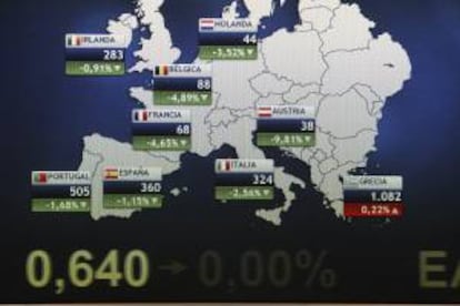 En la imagen del pasado jueves, panel en la bolsa de Madrid con la ecolución de la prima de riesgo en España y otros países europeos.