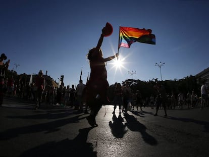 Una persona ondea la bandera arcoíris durante una marcha del Orgullo en Madrid.