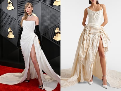 A la izda., Taylor Swift el pasado mes de febrero en los Grammy, con vestido de Schiaparelli. A la dcha., el diseño de Toni Maticevski que la compositora luce en el vídeo ‘Fortnight’.