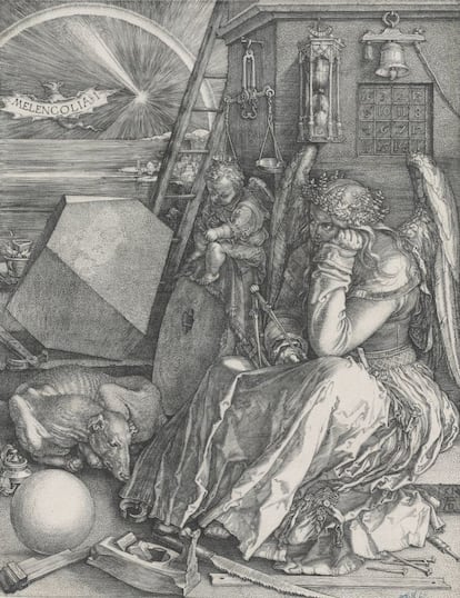 'La melancolía' (1514). Dos ángeles, sobre su cabeza, la suma de toda fila, columna y diagonal es idéntica: 34.