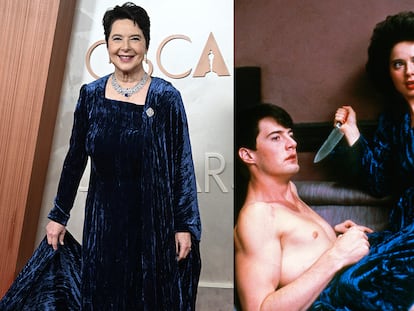 Isabella Rossellini, en los Oscar 2025 y en la película 'Terciopelo azul', de 1986.