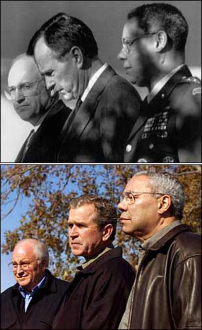 En la imagen de arriba, de febrero de 1991, George Bush aparece escoltado por Dick Cheney y Colin Powell, los mismos acompañantes de George W. Bush (abajo), en enero de 2001.