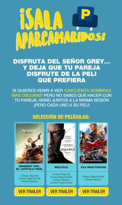 El cartel con el que Cinesa ha promocionado la iniciativa Aparcamaridos.