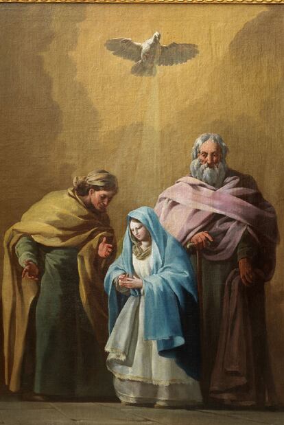 <i>La Virgen con san Joaquín y santa Ana </i>(hacia 1774), de Goya. A la derecha, detalle de la paloma.