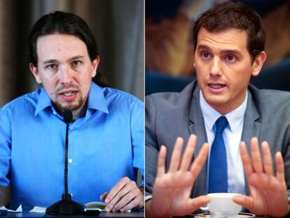 Pablo Iglesias, líder de Podemos (derecha) y Albert Ribera, presidente de Ciudadanos.