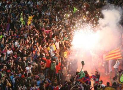 Aficionados azulgrana celebran el título de Copa.