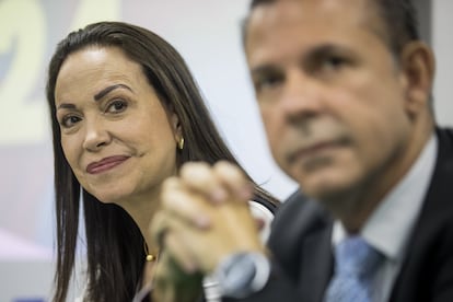 La exdiputada María Corina Machado asiste a un acto del Comité de Organización Política Electoral Independiente (COPEI), este martes en Caracas. 