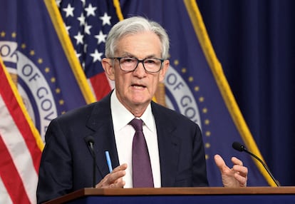 El presidente de la Reserva Federal, Jerome Powell, en la rueda de prensa posterior a la reunión de política monetaria del 7 de mayo.
