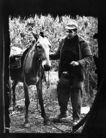 Ernesto Che Guevara llega a lomo de mulo al bohío donde Fidel Castro le espera para la cena de fin de año (1957).