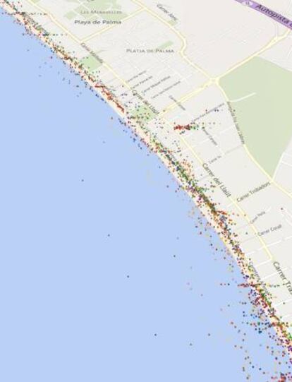 Mapa de detección de dispositivos móviles a las 18 horas de un día laborable en la zona urbana de la Playa de Palma, que se utilizan para inventariar los movimientos de los usuarios.
