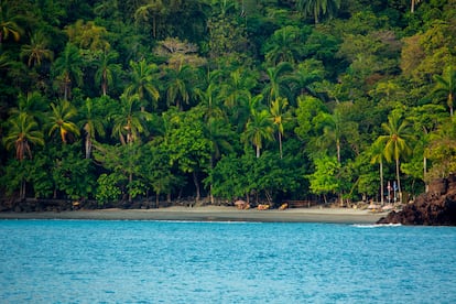 Vista desde el agua de Biesanz, una playa en el parque nacional Manuel Antonio (Costa Rica).