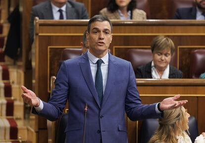 El presidente del Gobierno, Pedro Sánchez, interviene durante la sesión de control al Gobierno este miércoles.