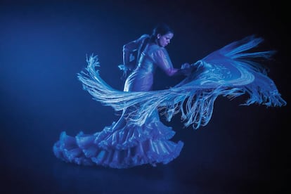 Moreno dancing cantiñas at a dress rehearsal at the 2018 Seville Biennale.