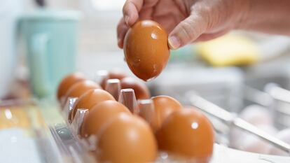Una foto de una docena de huevos con una mano cogiendo uno