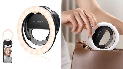 Este anillo de luz led para colocar en el móvil a la venta en dos acabados de color (negro y blanco) y  de tamaño mini