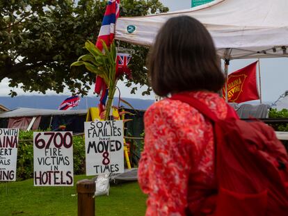 A tourist stops to read signs at the Lahaina Strong "Fish-in" on Friday, Dec. 1, 2023, in Lahaina, Hawaii.