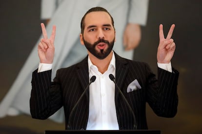 President of El Salvador Nayib Bukele speaking at a news conference in San Salvador on June 6.