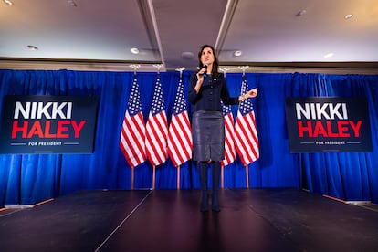 U.S. Republican presidential candidate Nikki Haley addresses supporters at a campaign rally in Washington.