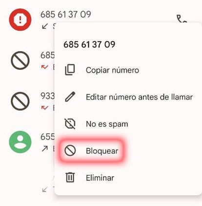 Bloqueo de número en Android