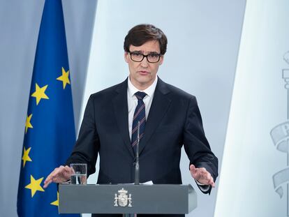 El ministro de Sanidad, Salvador Illa, en una rueda de prensa en La Moncloa este lunes.