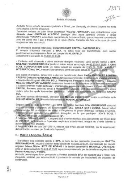 Informe de la Policía de Andorra que vincula al exresponsable de la BPA en Uruguay, Andrés Norberto Sanguinetti, Betingo, con el pago de una comisión “en B” en una obra de Argentina.