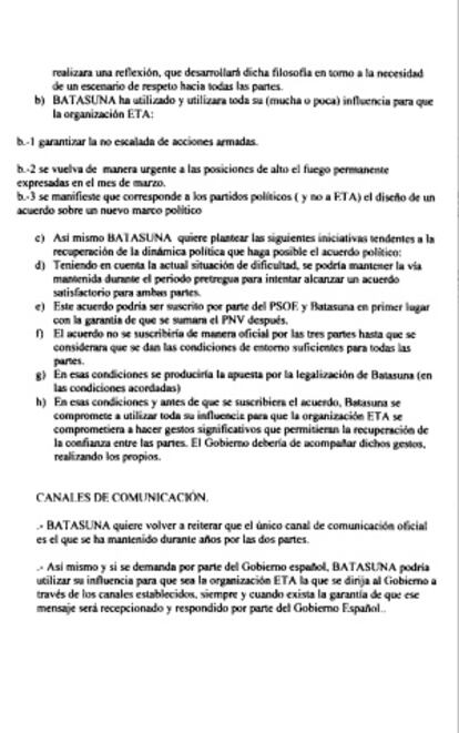 En el escrito Batasuna sostiene que utilizará "toda su influencia para garantizar la no escalada de acciones armadas por parte de ETA".