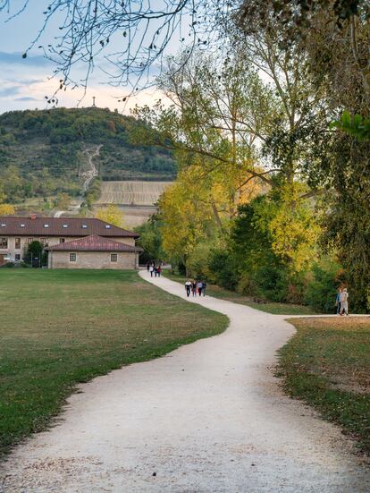 Un grupo de personas paseando por el anillo verde en las afueras de Vitoria. Al fondo, el monte Olarizu. 