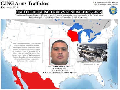 Organigrama del Departamento del Tesoro de EE UU sobre el traficante de armas mexicano Jesús Cisneros.