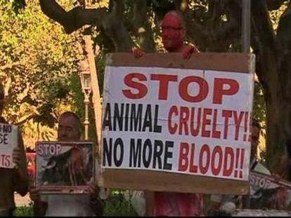 Protesta antitaurina en el exterior del Parlamento catalán