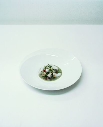 'Polución', plato de Bottura de 2007 con sugerencias medioambientales. Lleva calamar en trozos y en caldo, algas, pescado, ostra, hígado de rape, erizo de mar y espuma de limón.