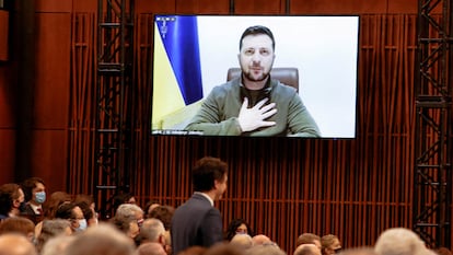 Volodymyr Zelenskiy speaks to the Canadian parliament via video link.