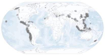 Map of all earthquake detections made by the Android Early Warning System, from April 1, 2021, to March 31, 2024.