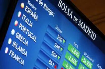Vista del panel de la Bolsa de Madrid que refleja la evolución de la prima de riesgo de los países europeos. EFE/Archivo