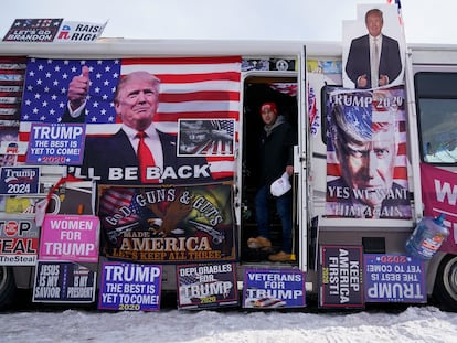 An RV, that is parked outside Team Trump New Hampshire headquarters, is visited by supporters, Saturday, Jan. 20, 2024, in Manchester, NH.