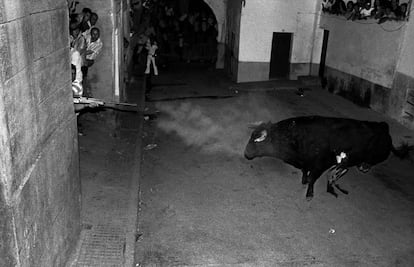 El fotógrafo describe en su libro cómo en las fiestas de San Juan de 1981, en Coria (Cáceres) un escopetero mata al toro cuando este se queda quieto. Se utiliza una bala para matar elefantes. "Sincronicé el disparo de mi Leica con el del escopetero", dice el autor.
