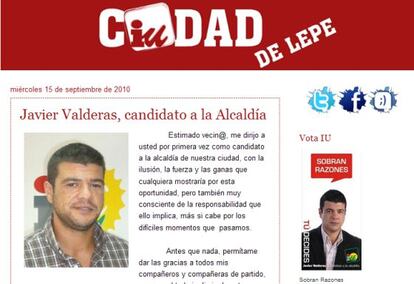 Imagen de Javier Valderas en su blog y, a la derecha, en el cartel de IU.