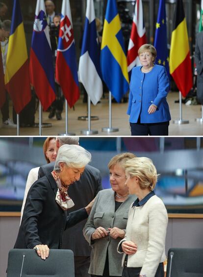 Angela Merkel, durante a cúpula europeia em Bruxelas, em dezembro de 2019. Abaixo, conversando com a presidenta do Banco Central Europeu, Christine Lagarde, e a presidenta da Comissão Europeia, Ursula von der Leyen.