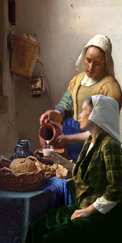 Homenaje a la leche en una reinterpretación de la obra <i>La lechera</i> de Vermeer.