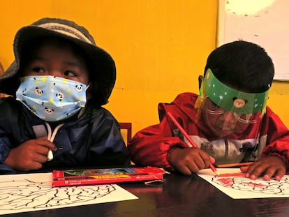 Dos niños asisten a clase, el 10 de marzo de 2021, en San Pablo de Tiquina, una pequeña población en las orillas del lago Titicaca (Bolivia). La educación durante la pandemia se ha convertido en un desafío en Bolivia por las carencias y contrastes del modelo a distancia.