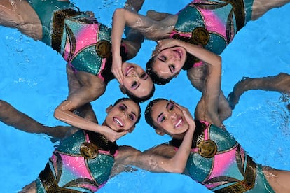 Regina Alférez, Nuria Diosdado, Daniela Estrada, Itzamary González, Joana Jiménez, Luisa Rodríguez, Jessica Sobrino y Pamela Toscano, en el campeonato de Doha, en febrero pasado.
