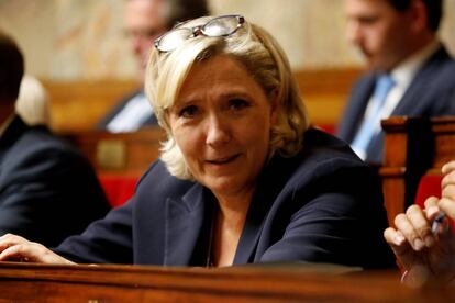 La líder de Reagrupamiento Nacional, Marine Le Pen, este martes en París.