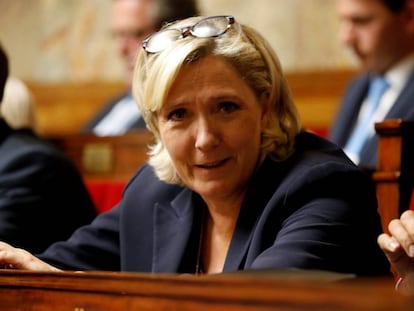 La líder de Reagrupamiento Nacional, Marine Le Pen, este martes en París.