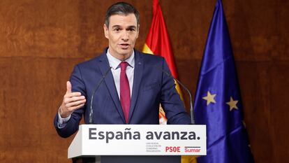 El presidente del Gobierno en funciones, Pedro Sánchez, durante sus declaraciones este martes en Madrid. 