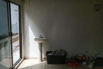 A bathroom under construction in the house that Caballero will be living in, inside the barracks of the 28th Infantry Battalion’s, in Tijuana. 