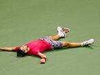 Dominic Thiem, of Austria, reacts after defeating Alexander Zverev, of Germany, in the men's singles final of the US Open tennis championships, Sunday, Sept. 13, 2020, in New York. (AP Photo/Seth Wenig)