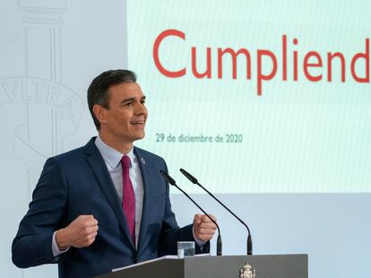 Pedro Sánchez comparece en rueda de prensa para presentar el informe de rendición de cuentas de 2020 del Gobierno de España.