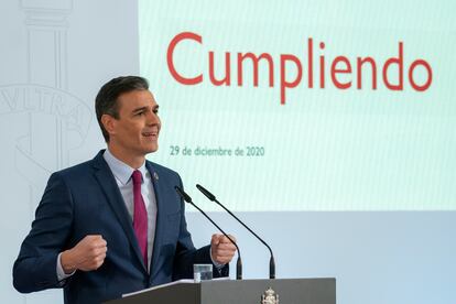 Pedro Sánchez comparece en rueda de prensa para presentar el informe de rendición de cuentas de 2020 del Gobierno de España.